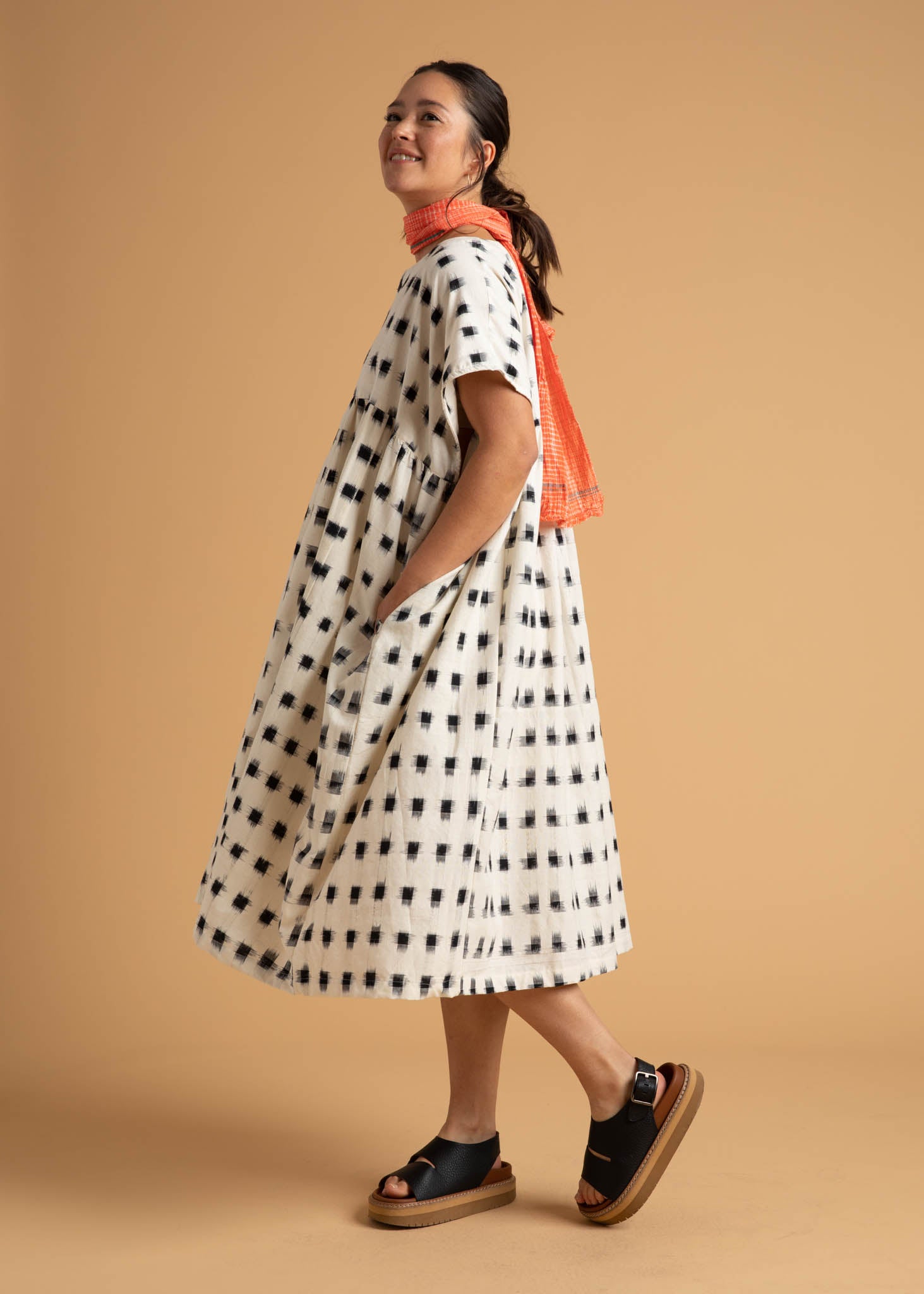 Meadow Dress - Ikat Squares Natural Black